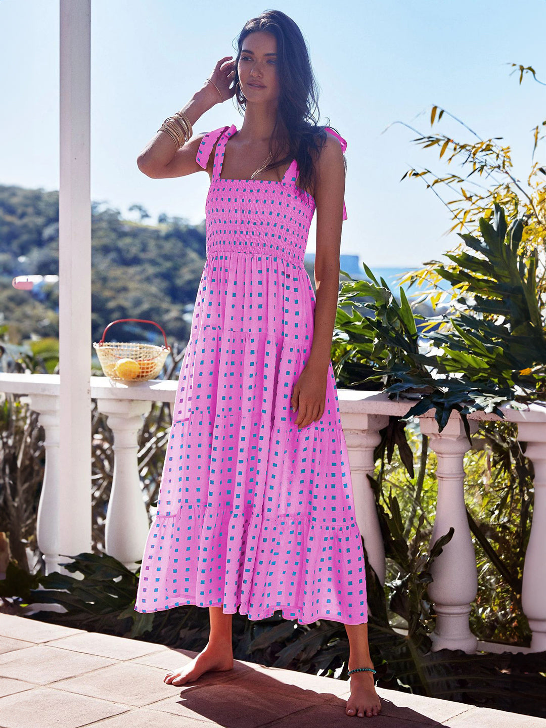 Purple Square Neck A-Line Floral Sleeveless Maxi Polyester Dress