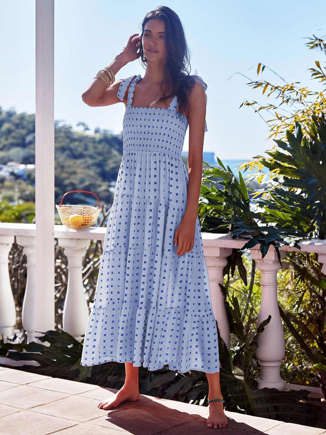 Sky Blue Square Neck A-Line Floral Sleeveless Maxi Polyester Dress