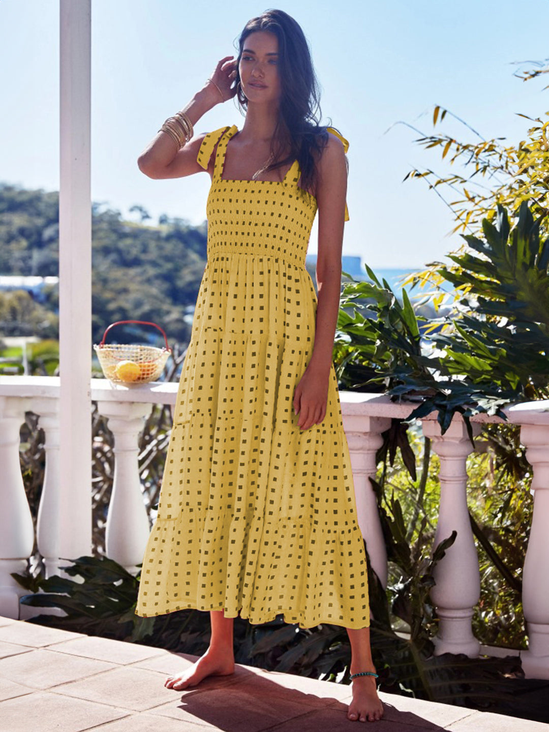 Yellow Square Neck A-Line Floral Sleeveless Maxi Polyester Dress