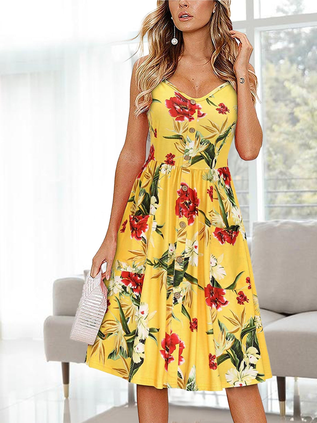 Yellow Shoulder Straps A-Line Animal Sleeveless Knee Length Polyester Dress