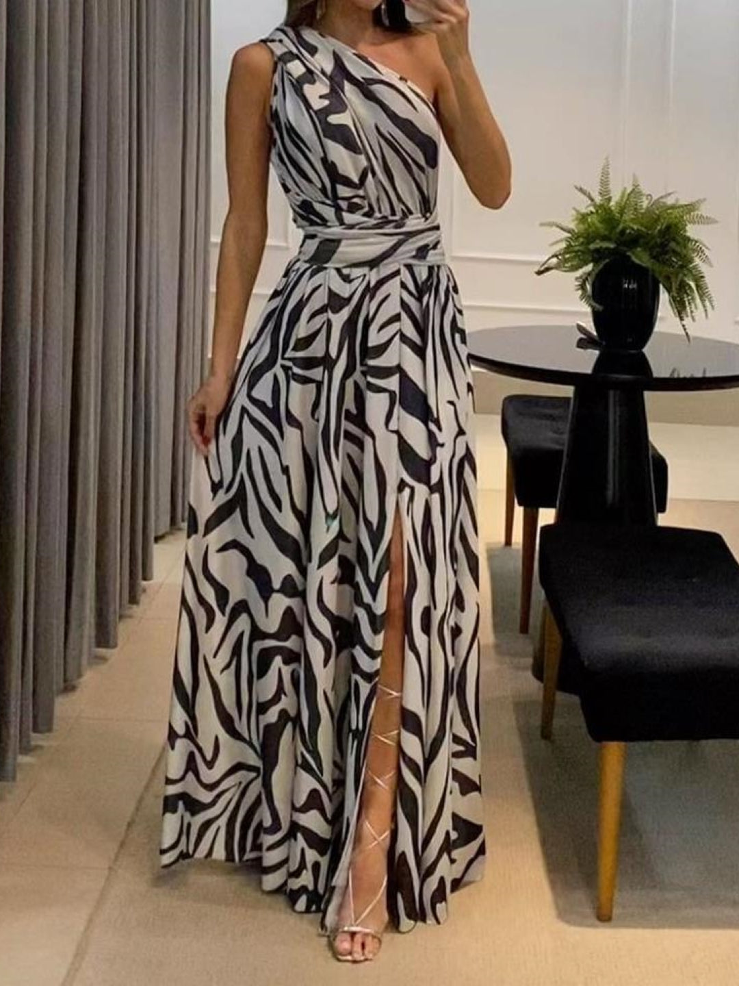 Black One Shoulder A-Line Animal Sleeveless Maxi Polyester Dress