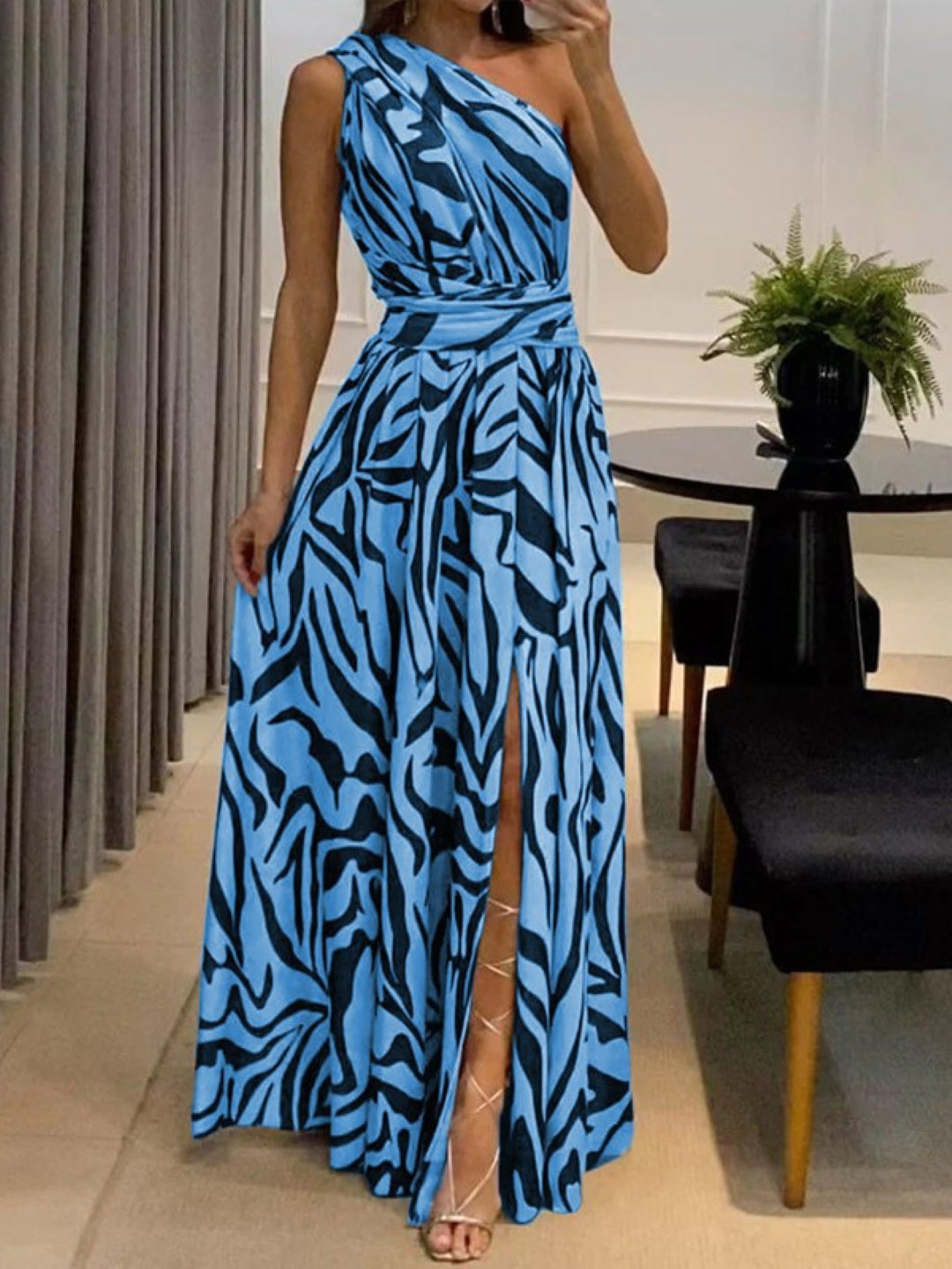 Blue One Shoulder A-Line Animal Sleeveless Maxi Polyester Dress