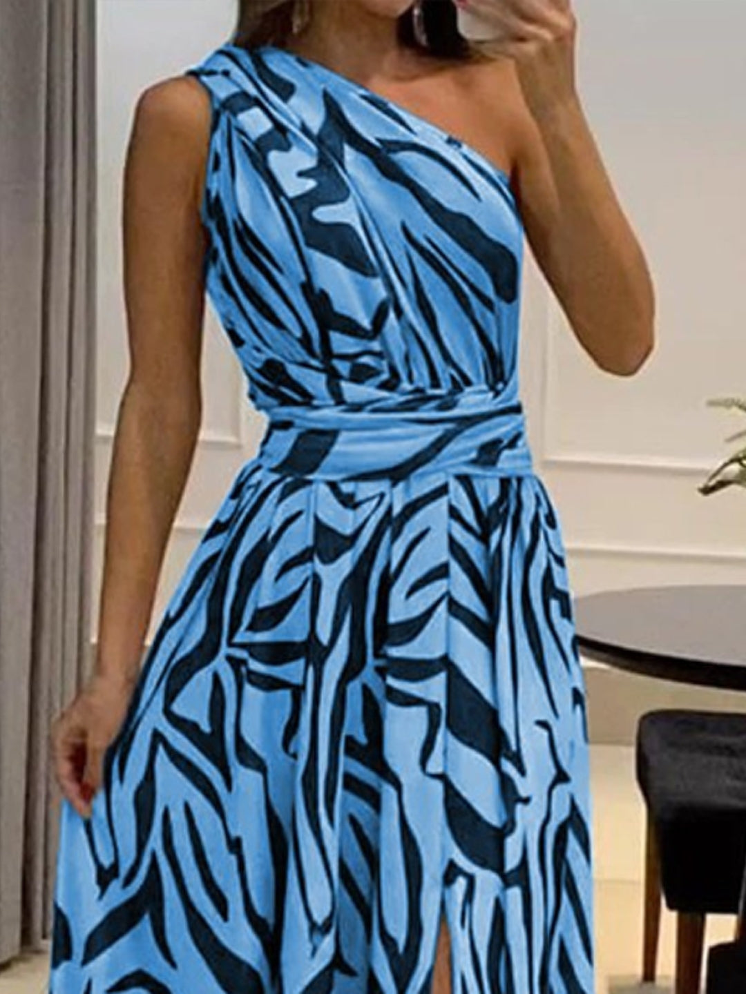 Blue One Shoulder A-Line Animal Sleeveless Maxi Polyester Dress