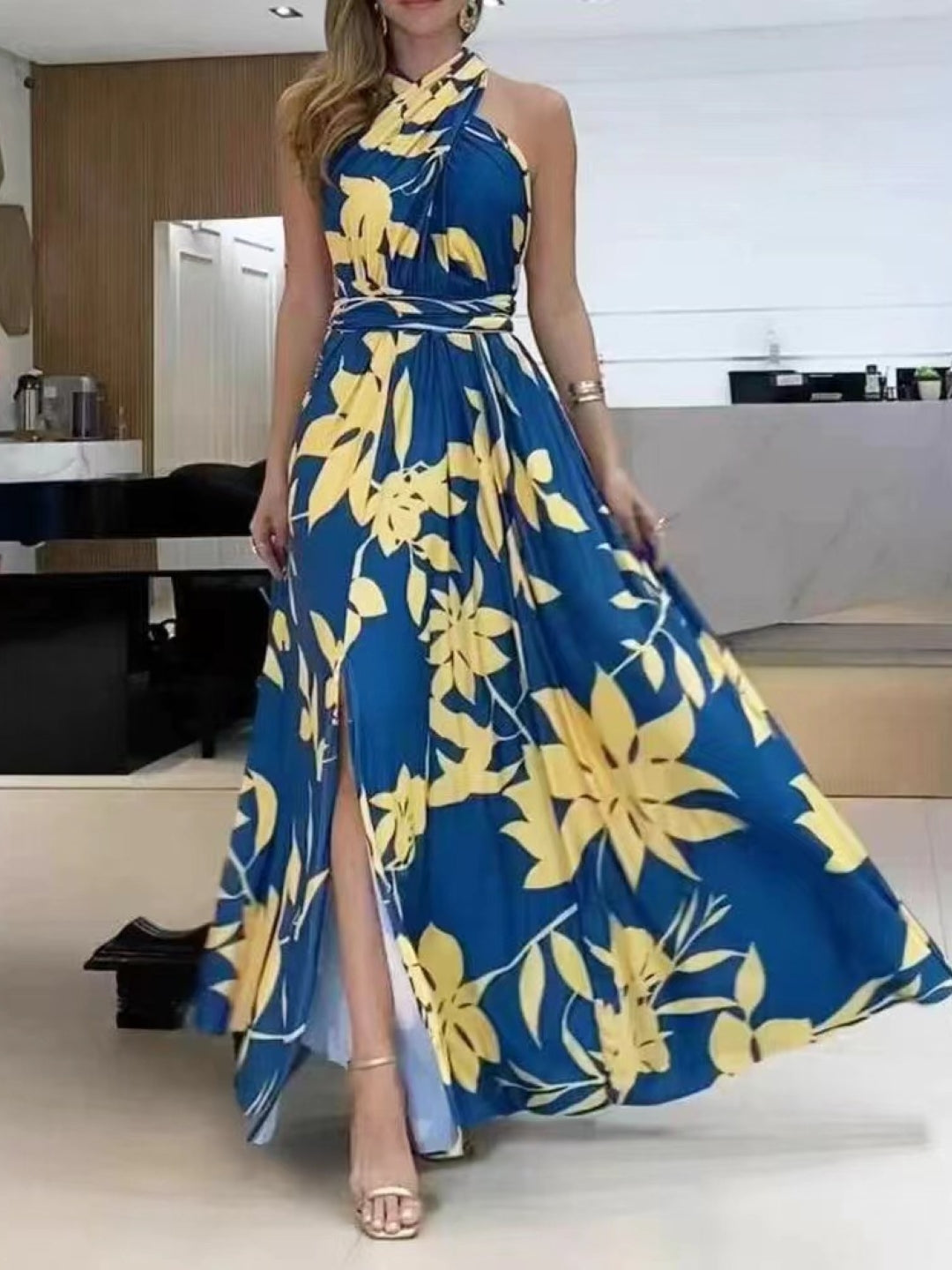 Yellow One Shoulder A-Line Animal Sleeveless Maxi Polyester Dress