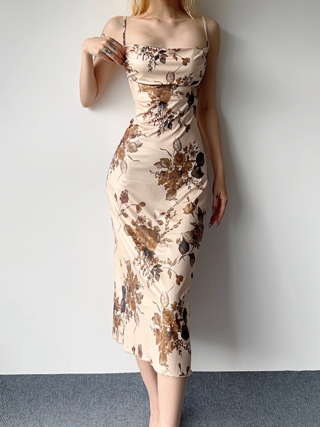 Khaki Shoulder Straps Bodycon Floral Sleeveless Maxi Polyester Dress