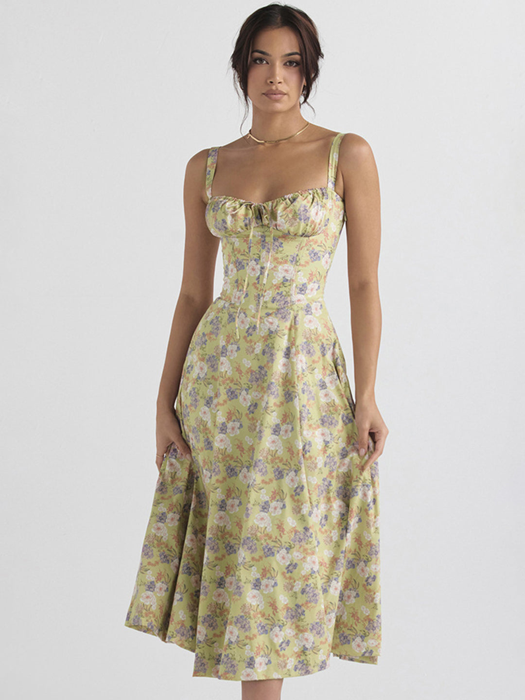 Dark Green Shoulder Straps A-Line Floral Sleeveless Maxi Polyester Dress
