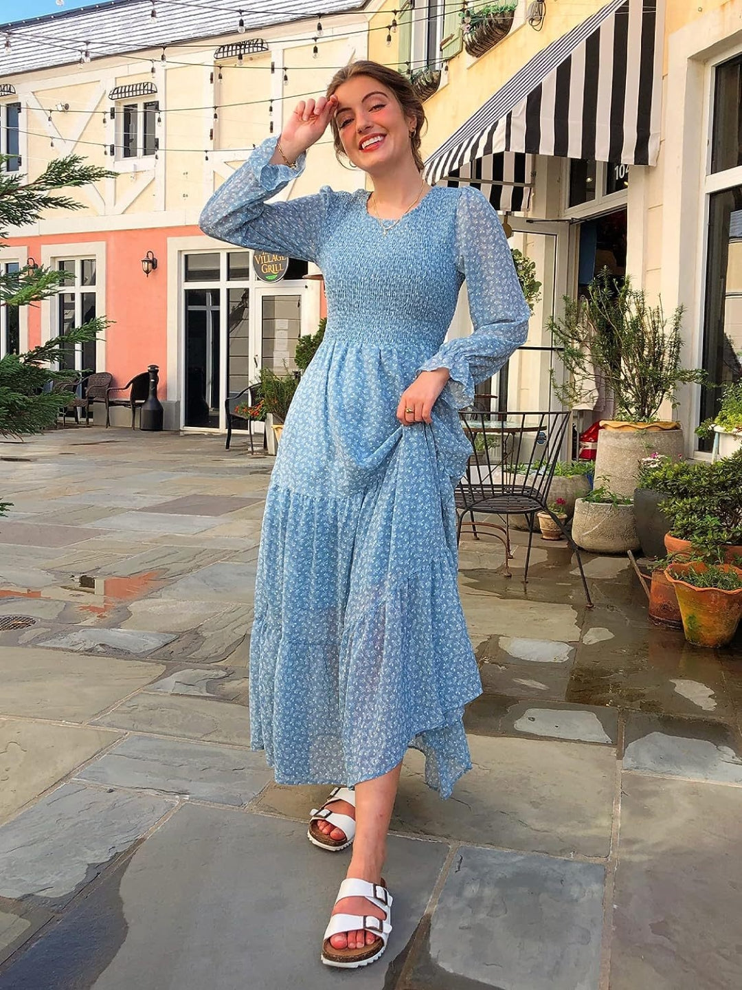 Blue Round Neck A-Line Floral Long Sleeves Maxi Polyester Dress