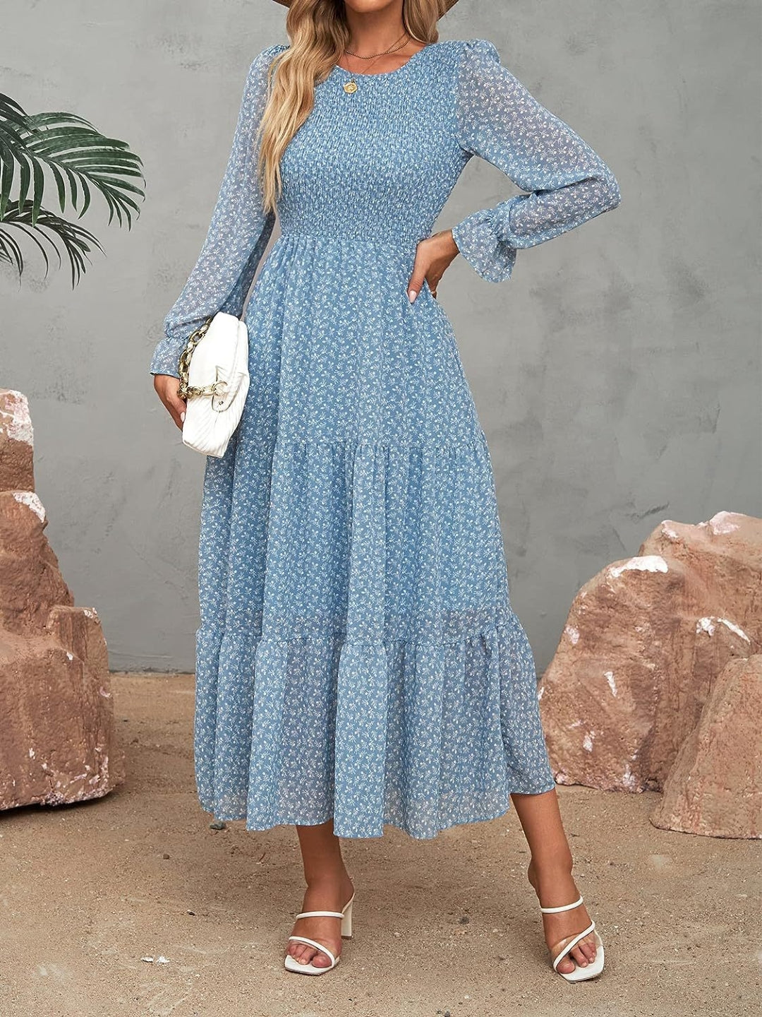 Blue Round Neck A-Line Floral Long Sleeves Maxi Polyester Dress