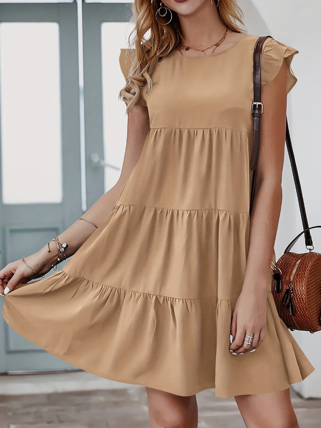 Khaki Round Neck A-Line Solid Sleeveless Above Knee Polyester Dress