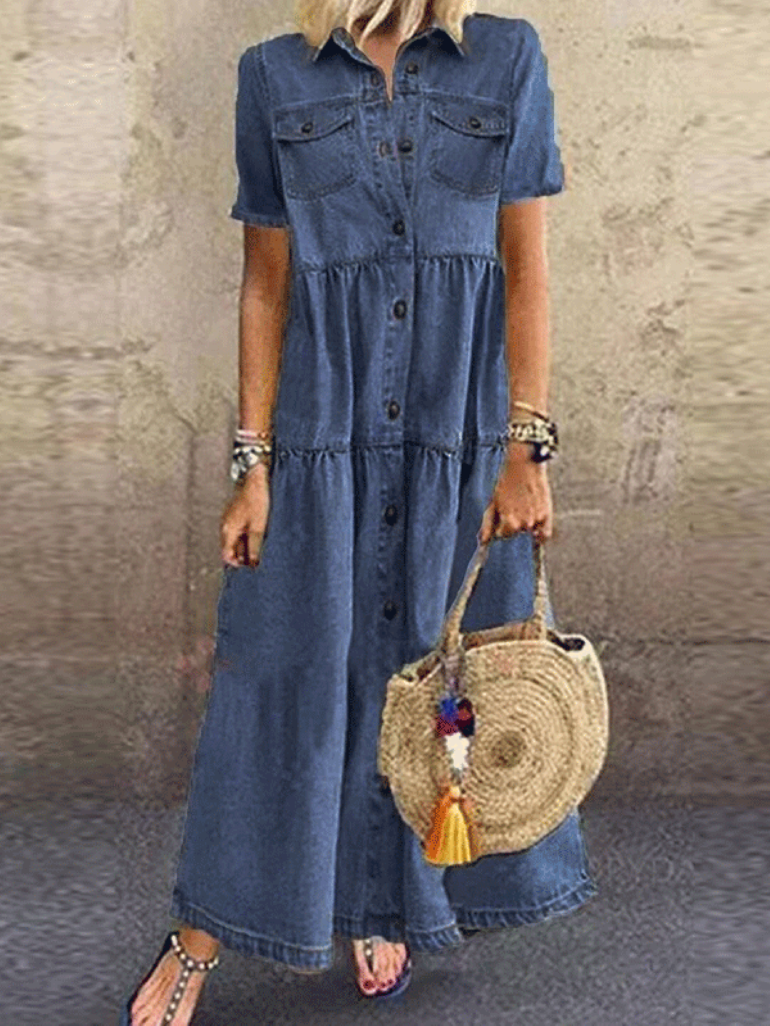 Blue Round Neck Short Sleeves Maxi Solid A-Line Cotton Dress