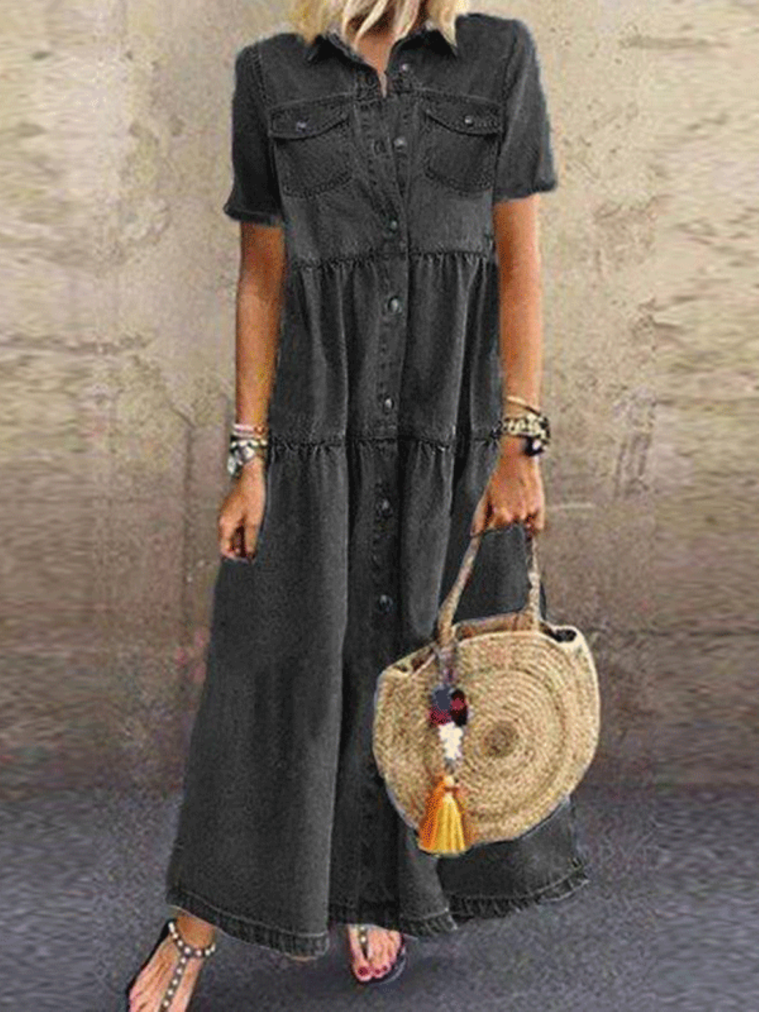 Black Round Neck Short Sleeves Maxi Solid A-Line Cotton Dress