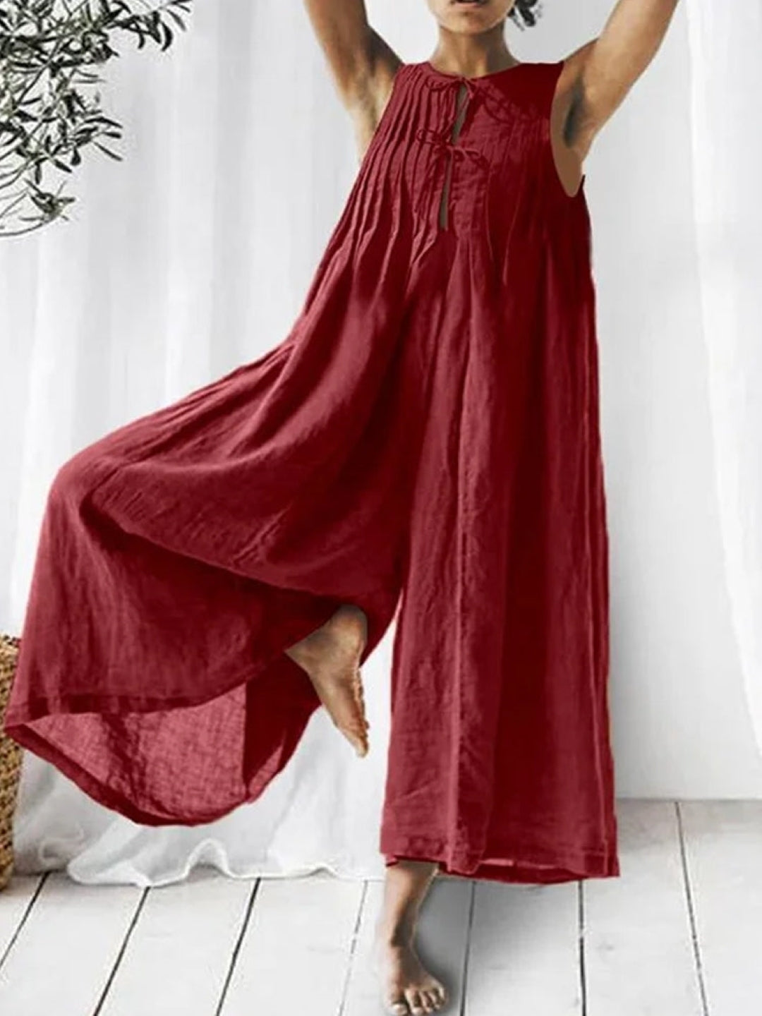 Burgundy Round Neck Sleeveless Solid Cotton Jumpsuit