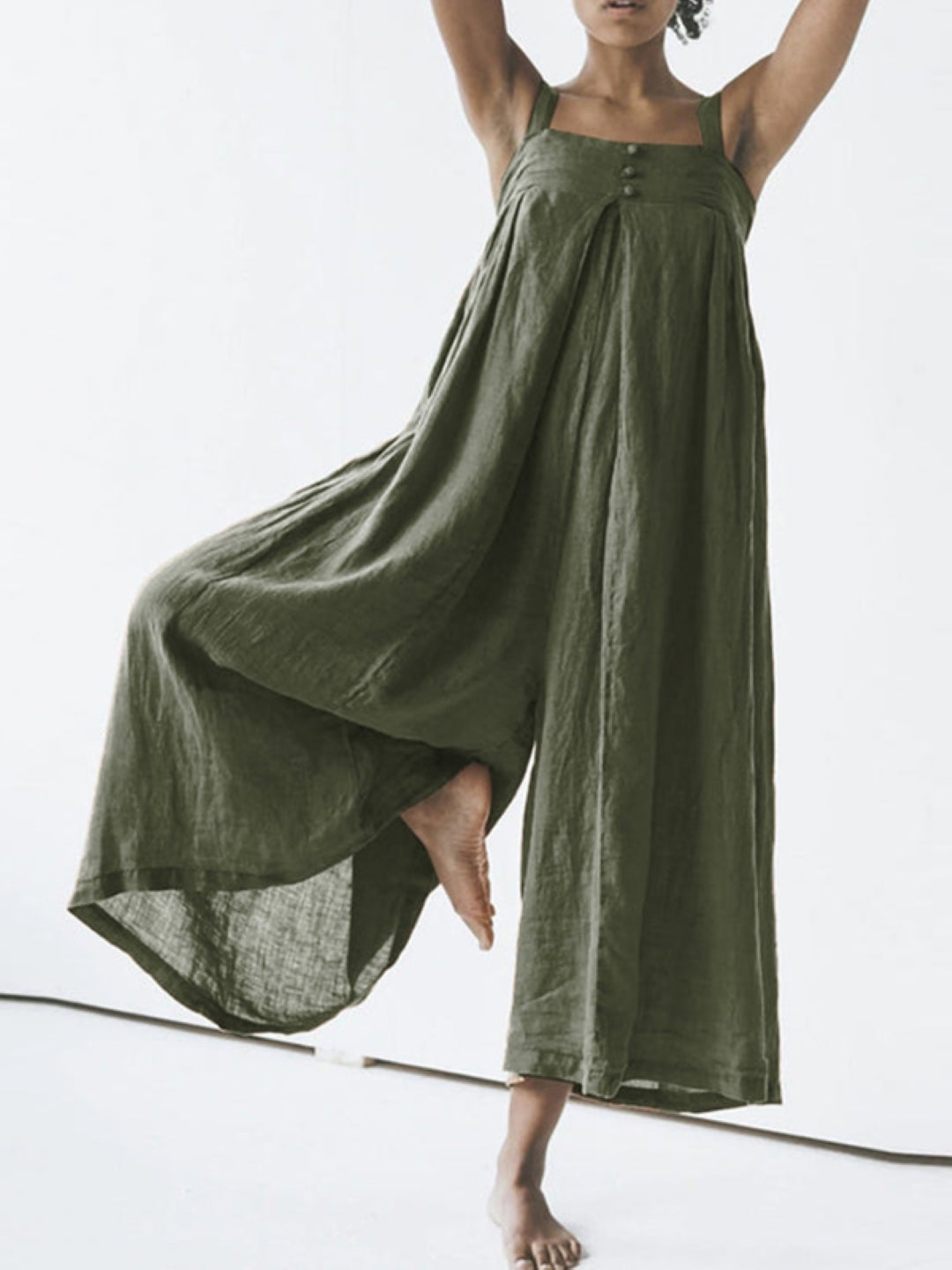 Green Square Neck Sleeveless Solid Cotton Jumpsuit