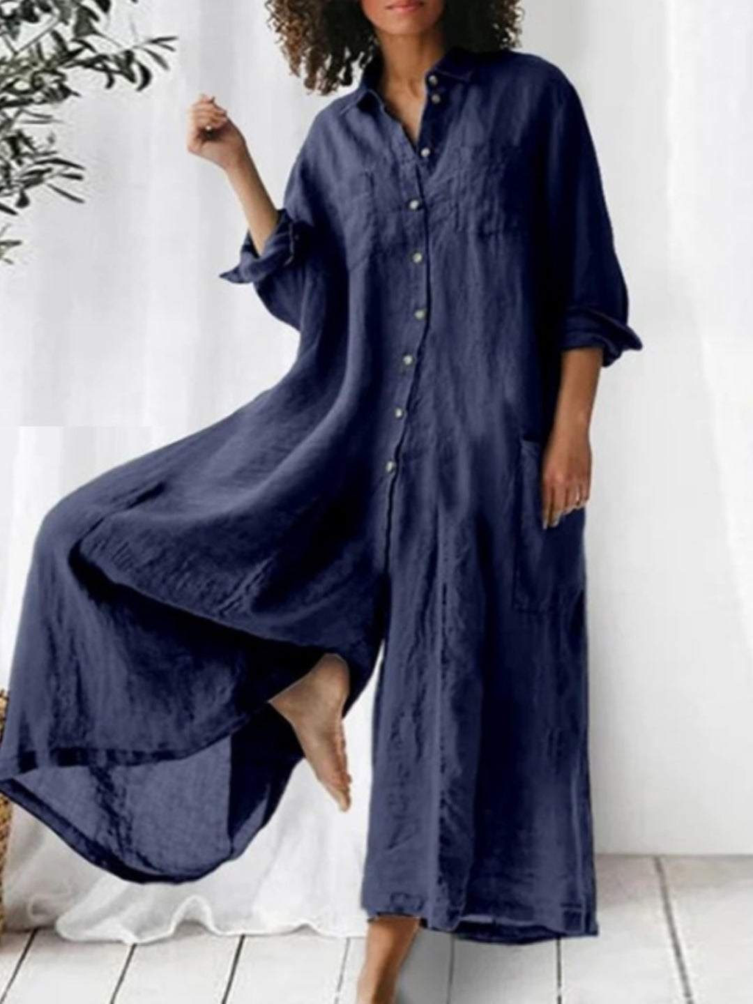 Navy Blue Shirt Collar Three-Quarter Sleeves Solid Cotton Jumpsuit