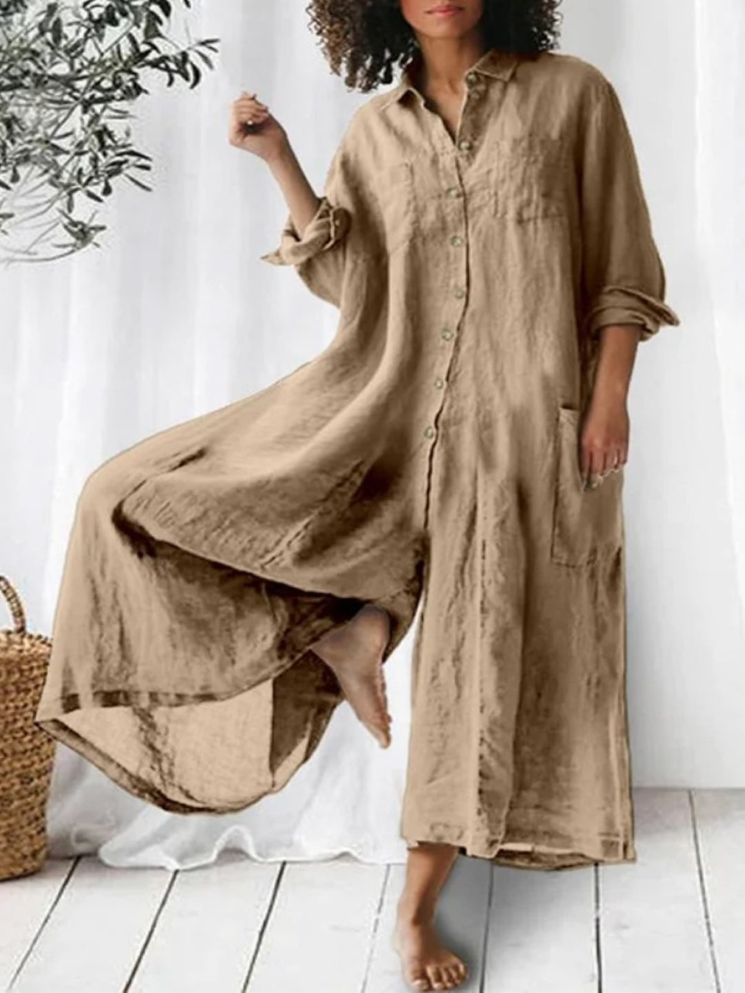 Khaki Shirt Collar Three-Quarter Sleeves Solid Cotton Jumpsuit