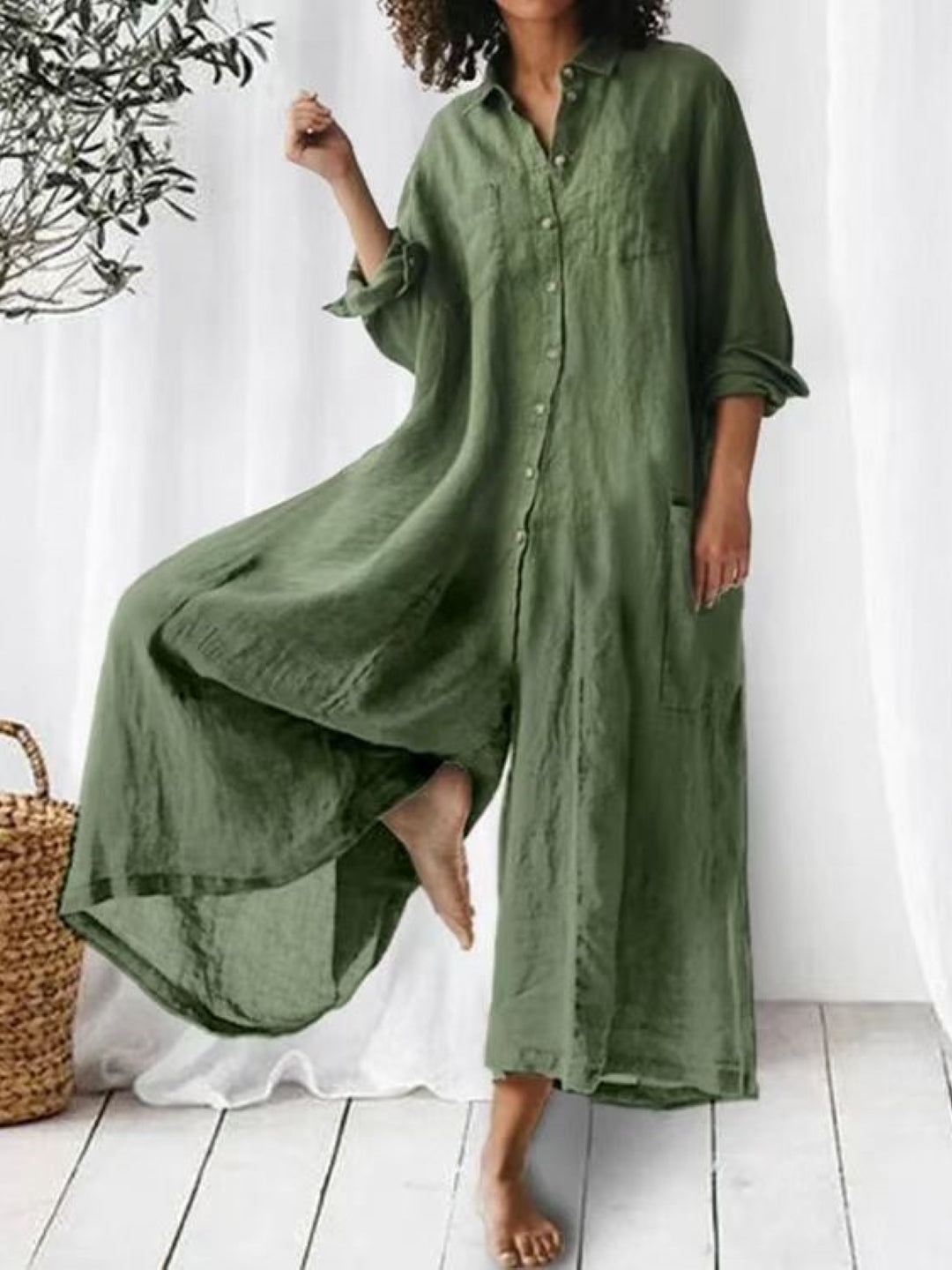 Green Shirt Collar Three-Quarter Sleeves Solid Cotton Jumpsuit