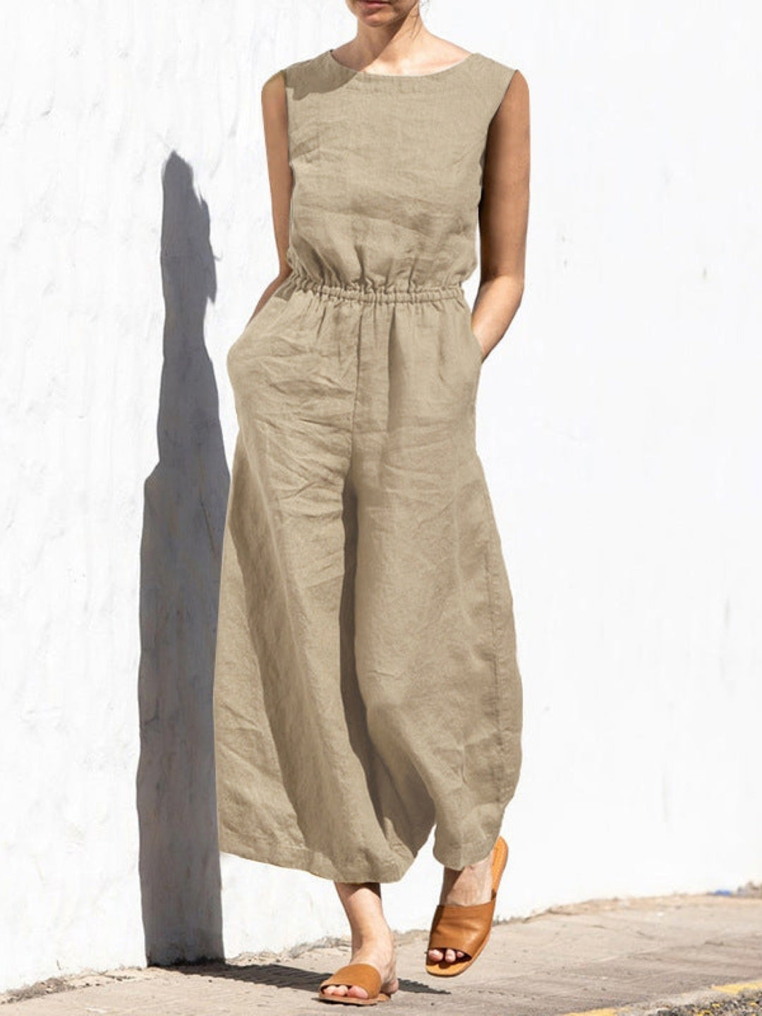 Cream Boat Neck Sleeveless Solid Cotton Jumpsuit