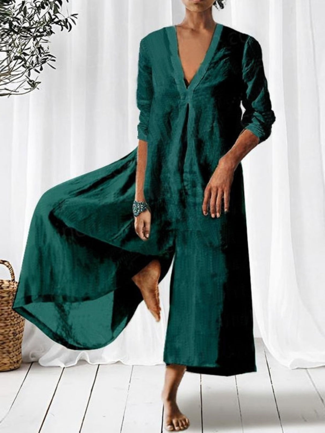 Green V-Neck Three-Quarter Sleeves Solid Cotton Jumpsuit