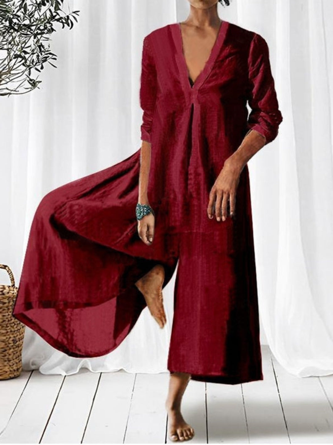 Red V-Neck Three-Quarter Sleeves Solid Cotton Jumpsuit