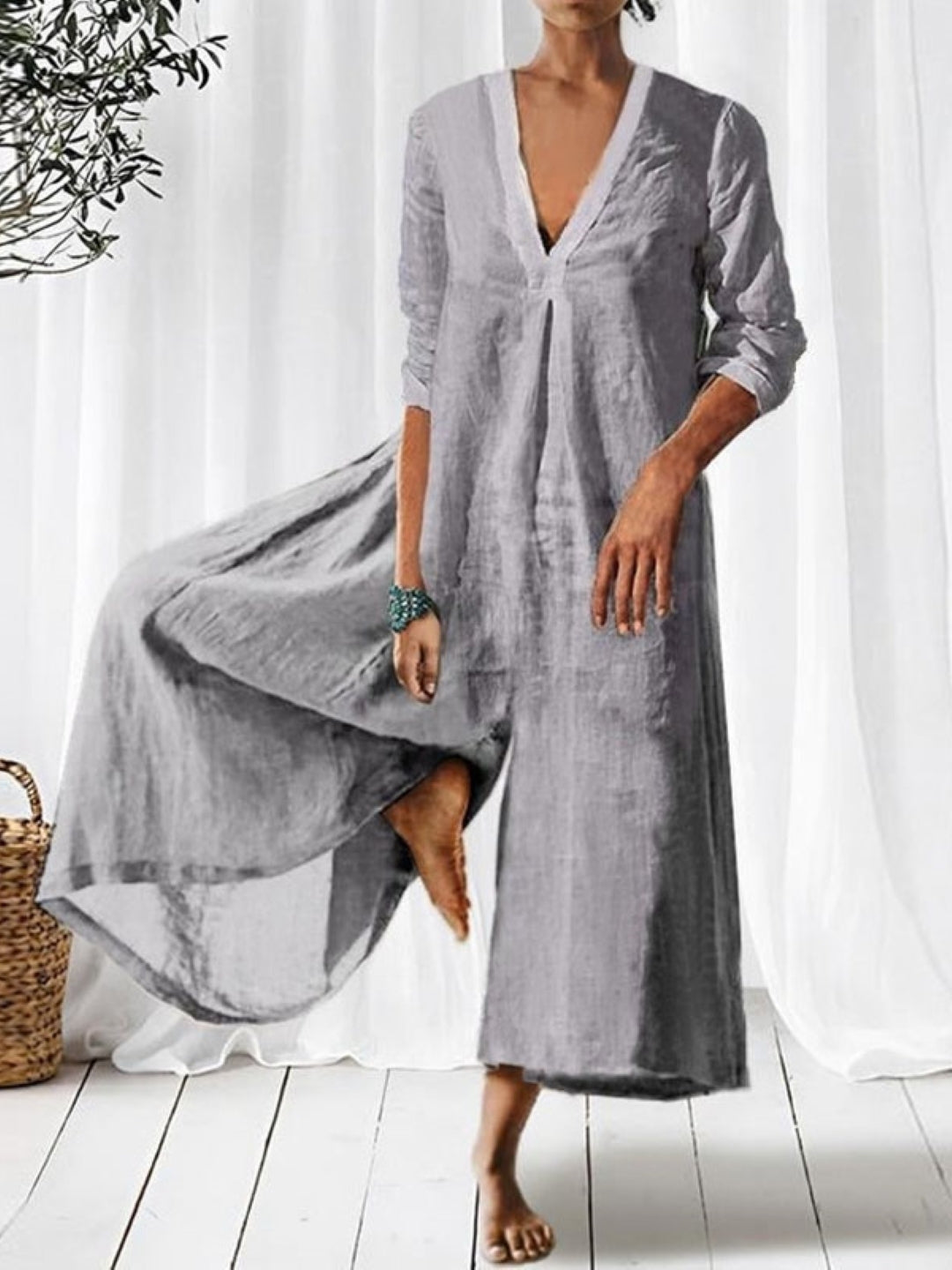 Grey V-Neck Three-Quarter Sleeves Solid Cotton Jumpsuit