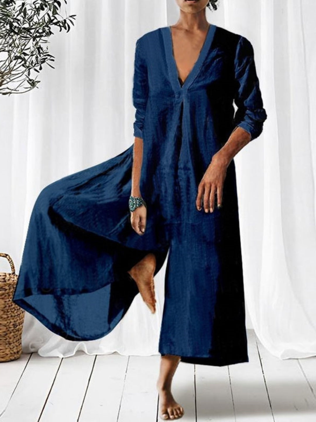 Blue V-Neck Three-Quarter Sleeves Solid Cotton Jumpsuit