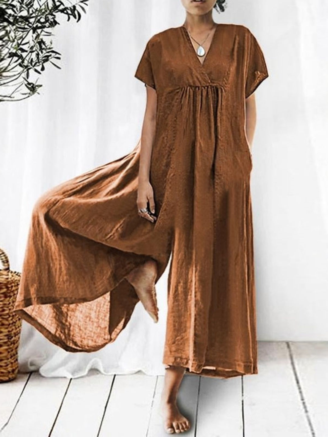 Brown V-Neck Short Sleeves Solid Cotton Jumpsuit