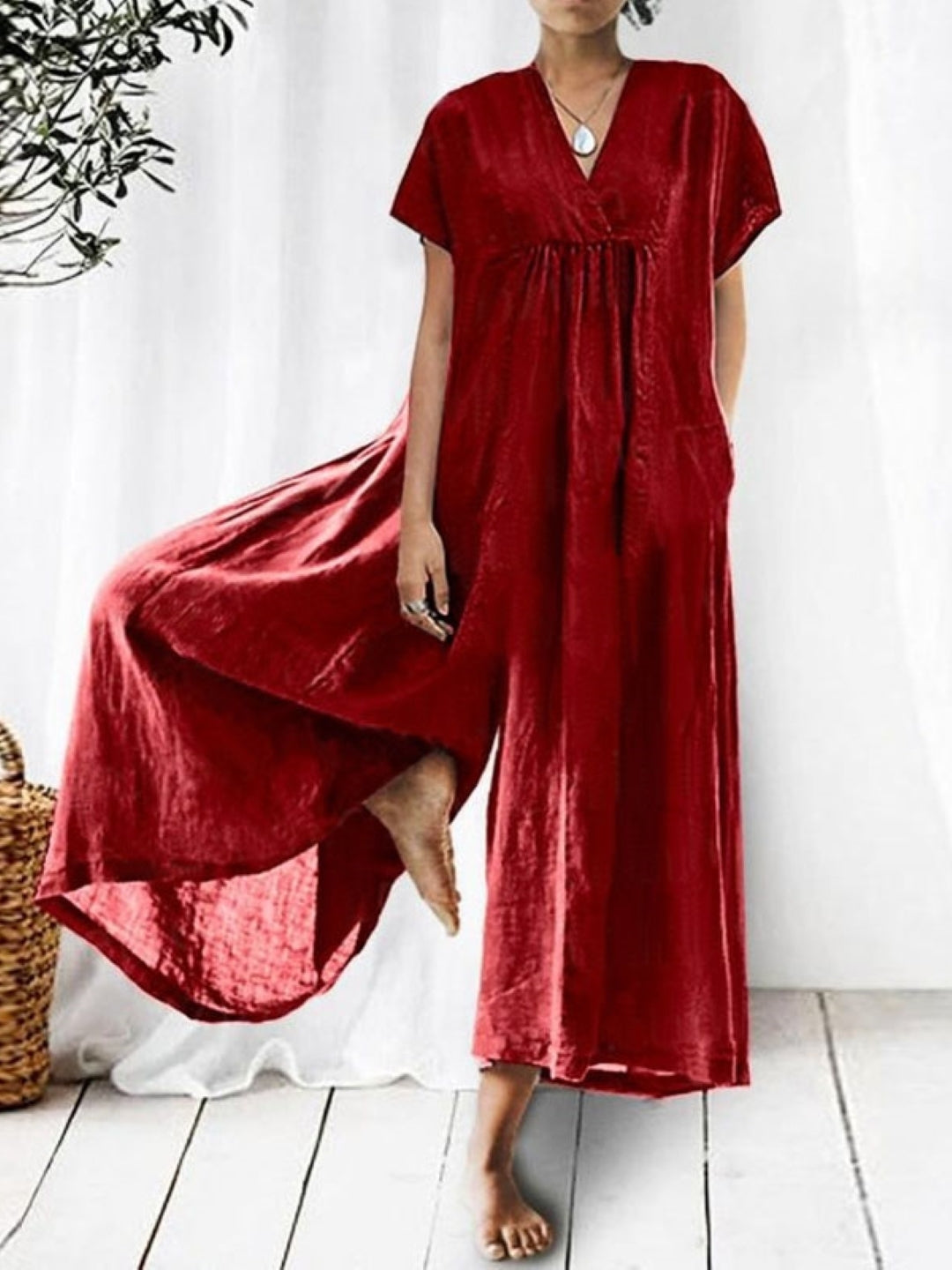 Red V-Neck Short Sleeves Solid Cotton Jumpsuit