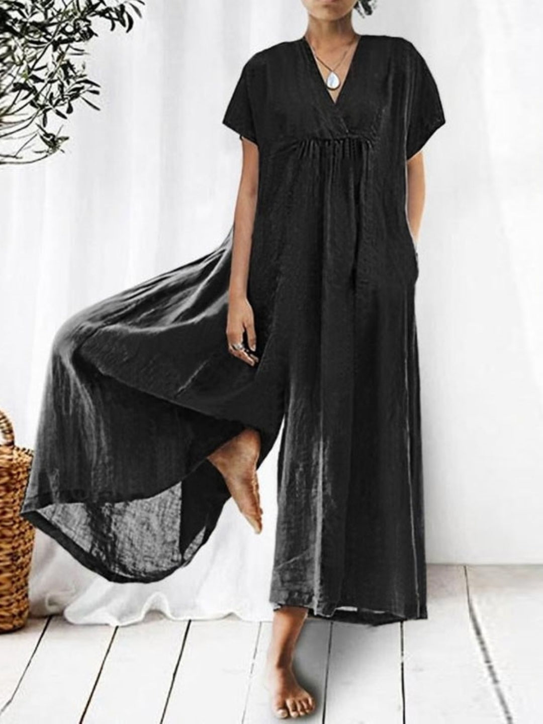 Black V-Neck Short Sleeves Solid Cotton Jumpsuit