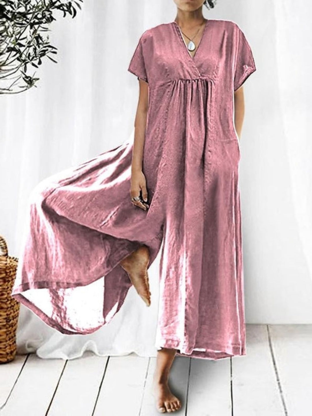 Pink V-Neck Short Sleeves Solid Cotton Jumpsuit