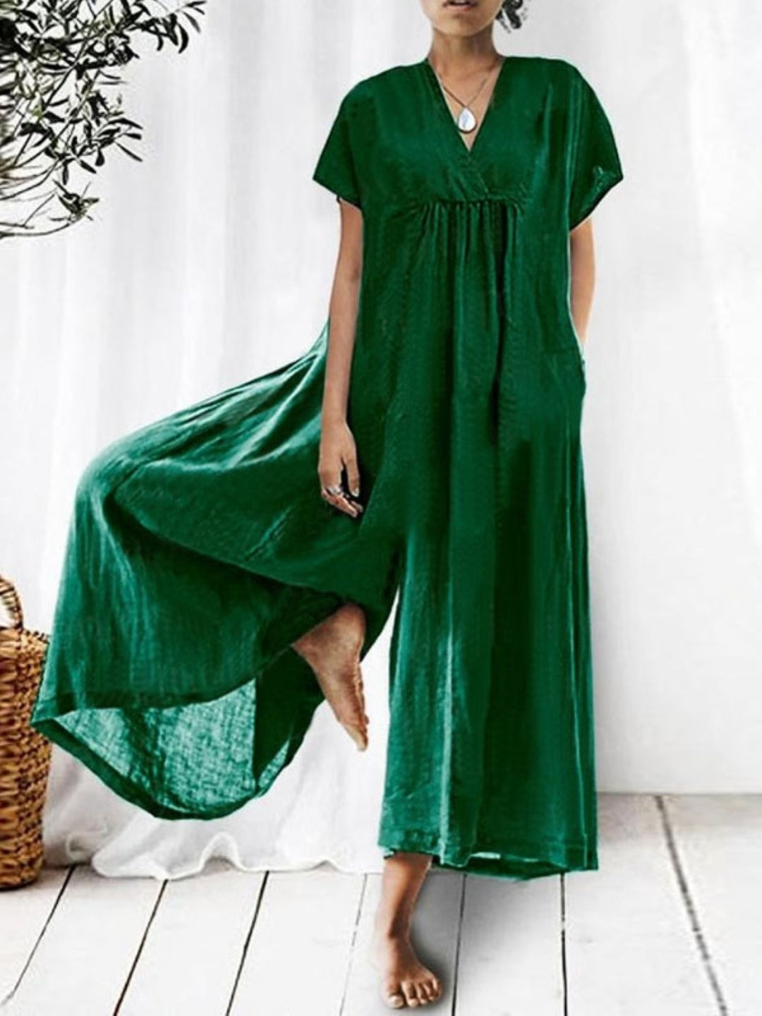 Green V-Neck Short Sleeves Solid Cotton Jumpsuit