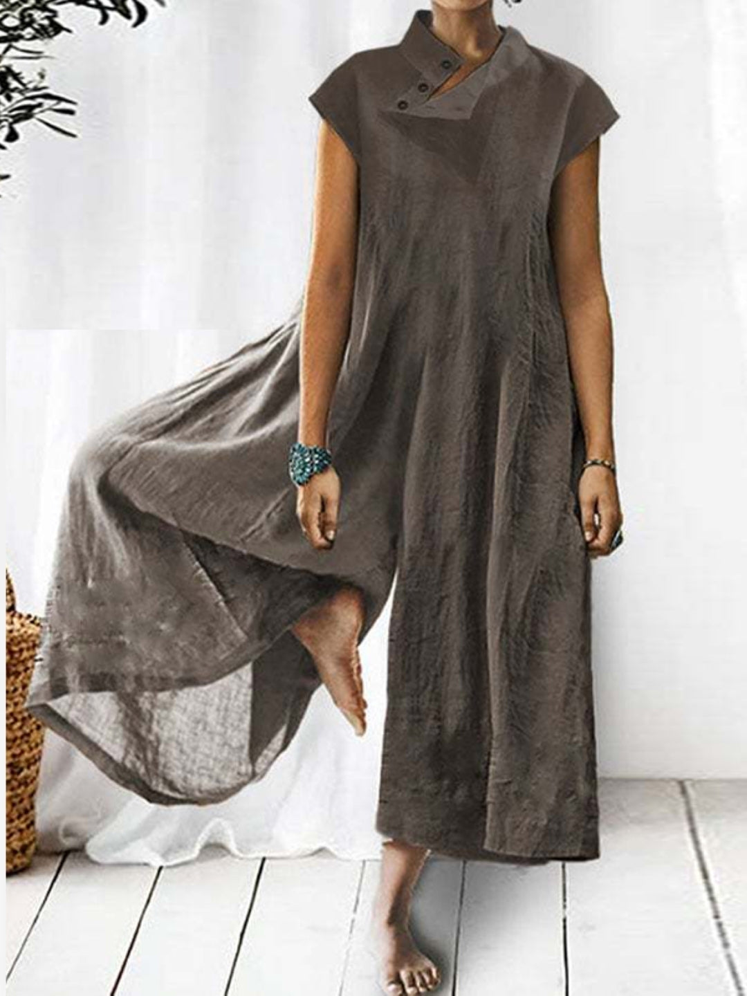 Brown Halter Neck Short Sleeves Solid Cotton Jumpsuit