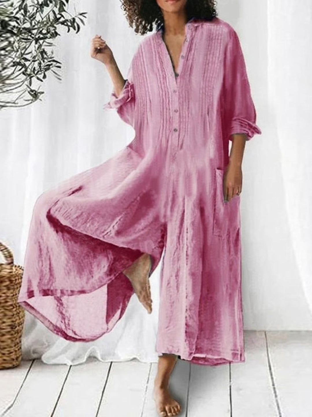 Pink V-Neck Three-Quarter Sleeves Solid Cotton Jumpsuit