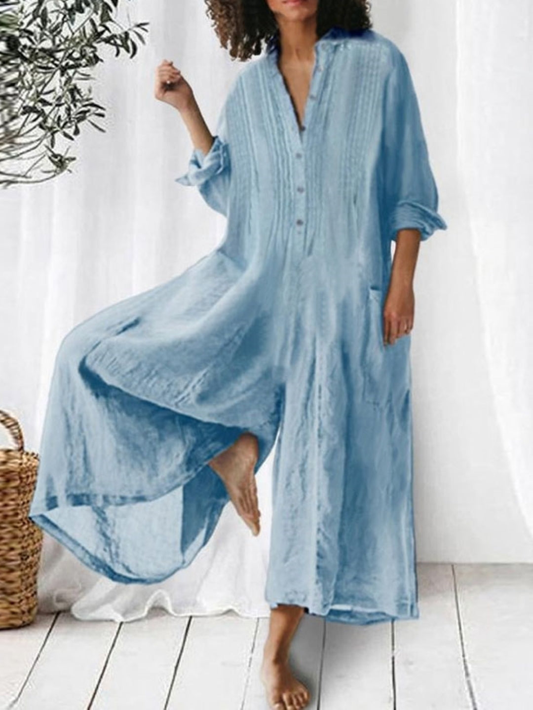 Blue V-Neck Three-Quarter Sleeves Solid Cotton Jumpsuit