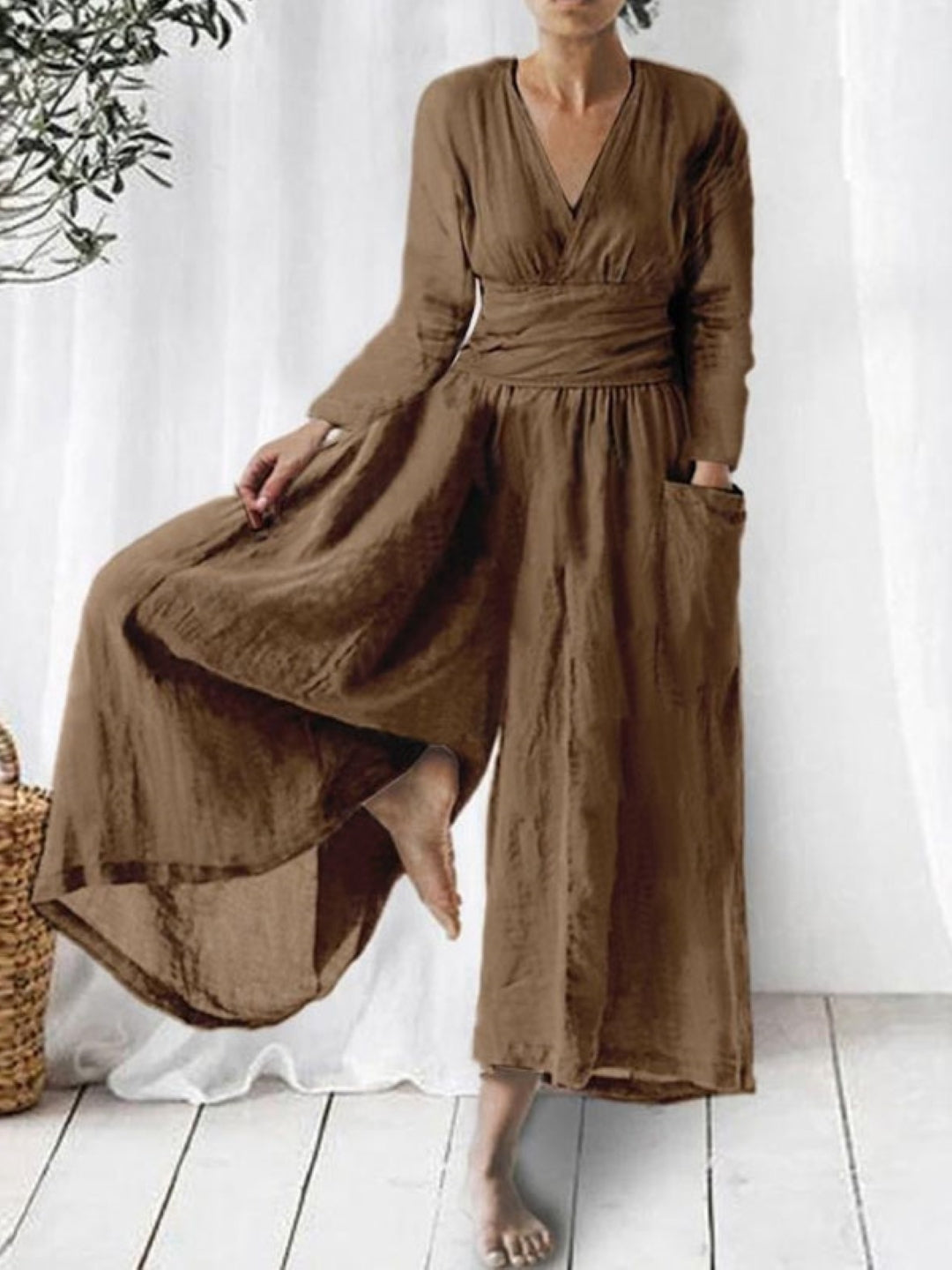 Brown V-Neck Long Sleeves Solid Cotton Jumpsuit