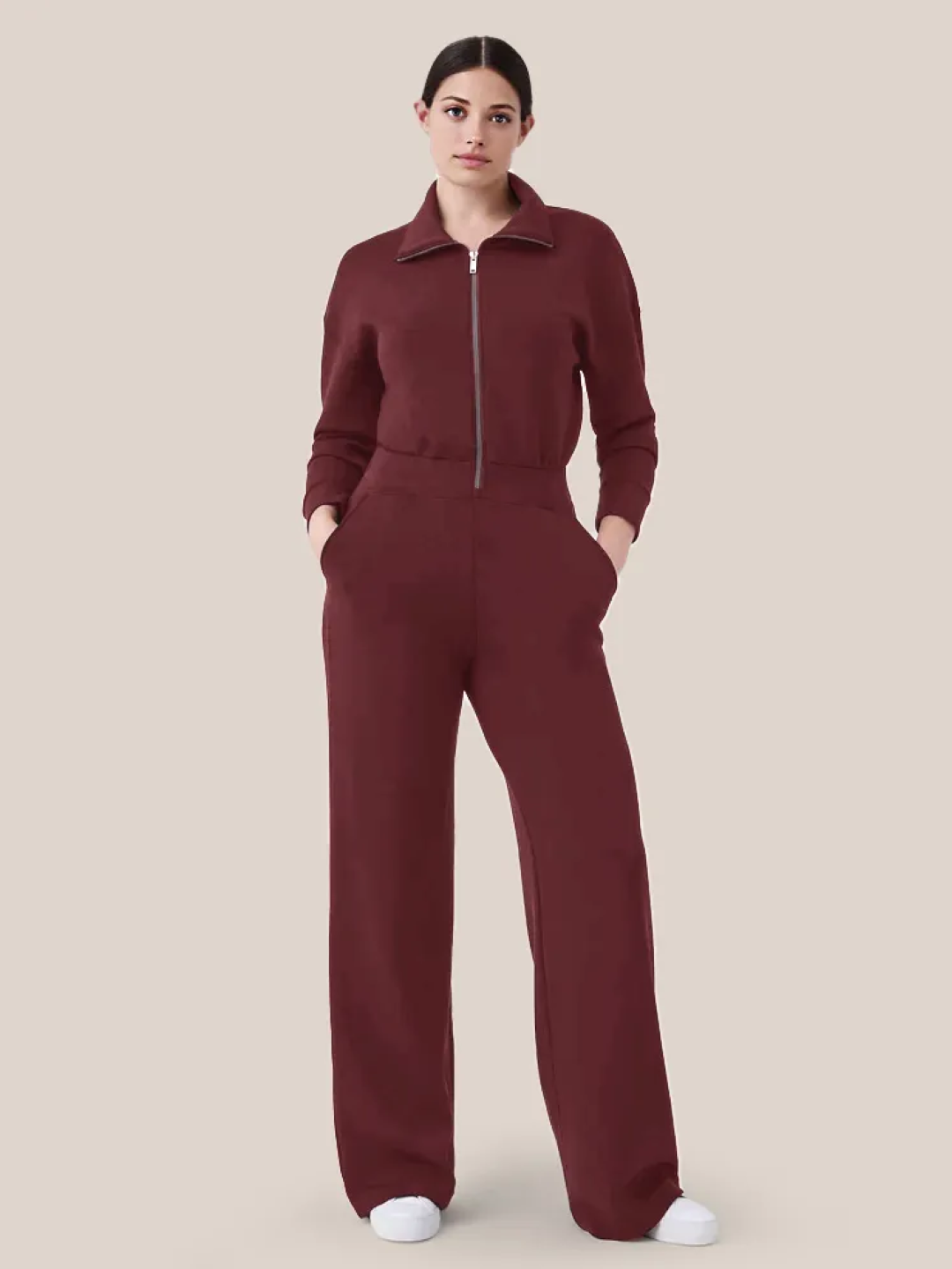 Burgundy Shirt Collar Long Sleeves Top & Trousers Set