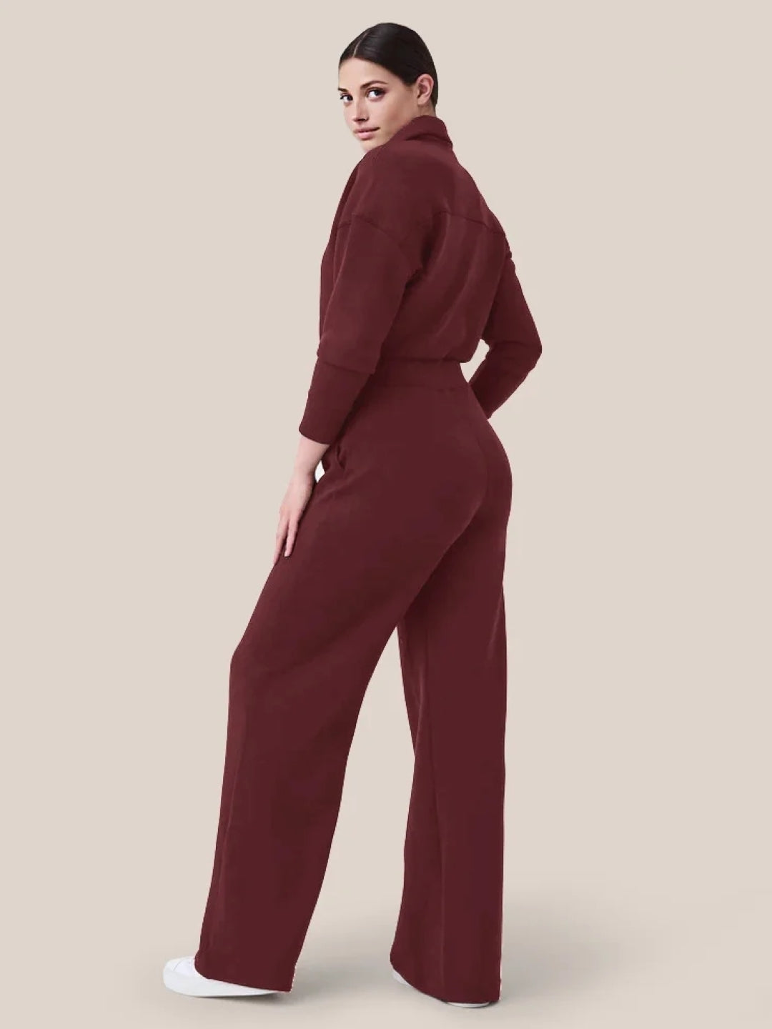 Burgundy Shirt Collar Long Sleeves Top & Trousers Set