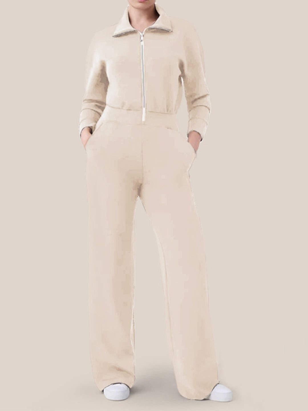 Cream Shirt Collar Long Sleeves Top & Trousers Set