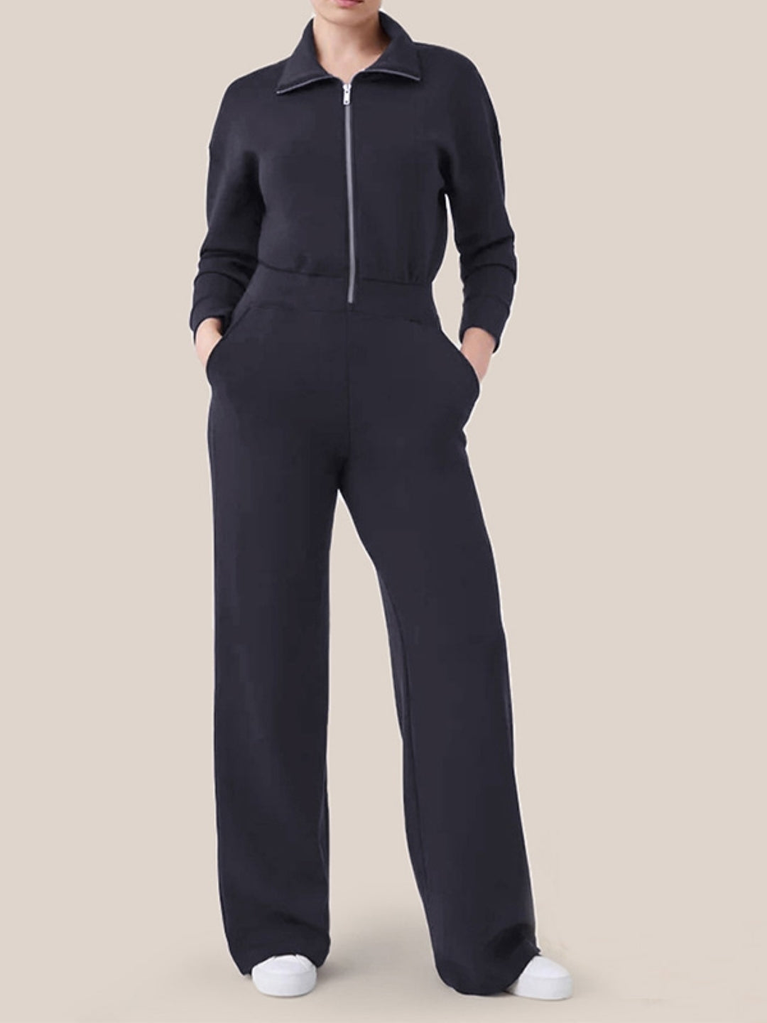 Navy Blue Shirt Collar Long Sleeves Top & Trousers Set