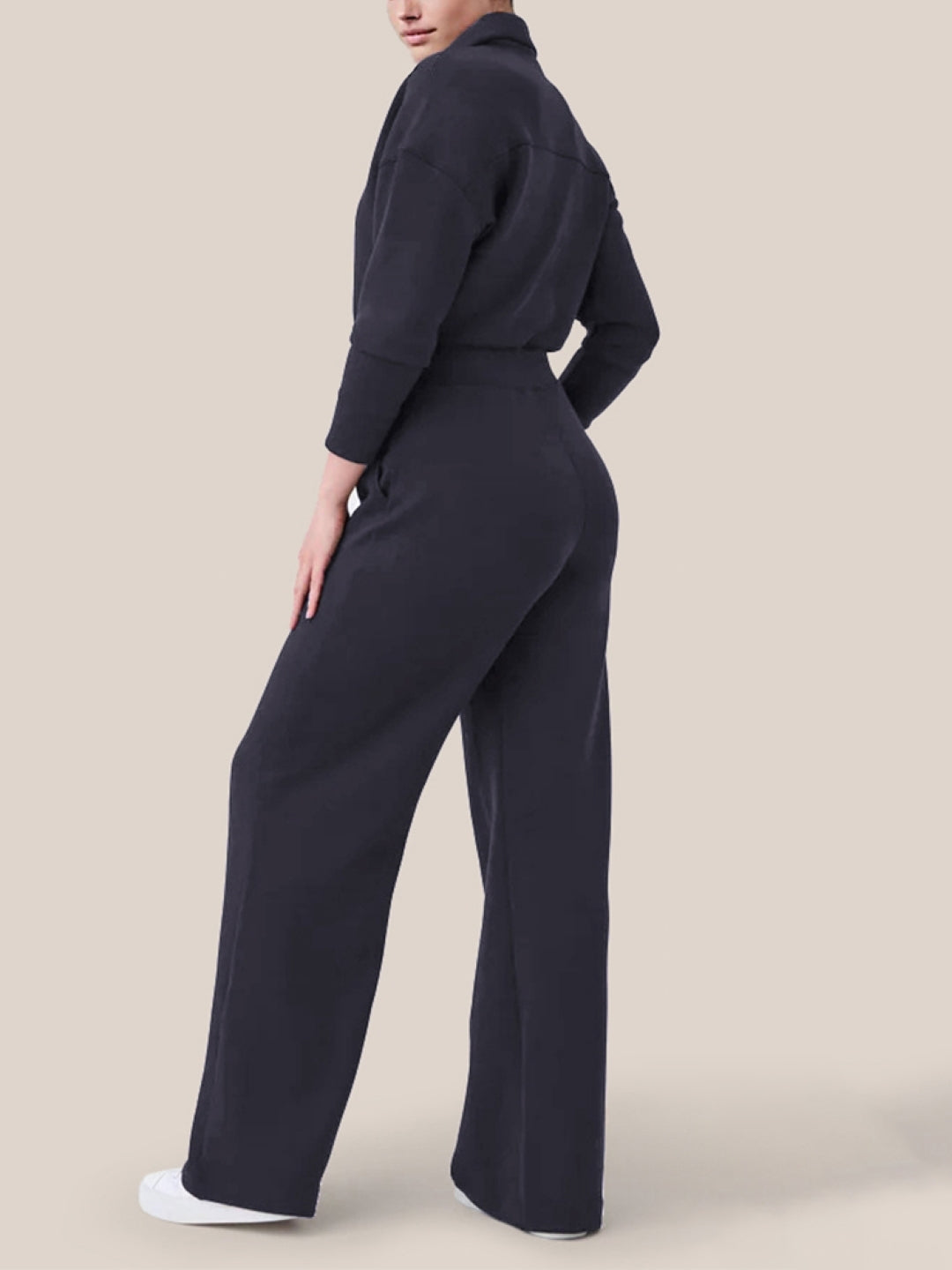 Navy Blue Shirt Collar Long Sleeves Top & Trousers Set