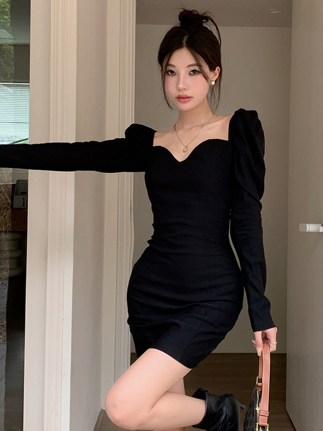 Black V-Neck Solid Long Sleeves Above Knee Bodycon Polyester Dress