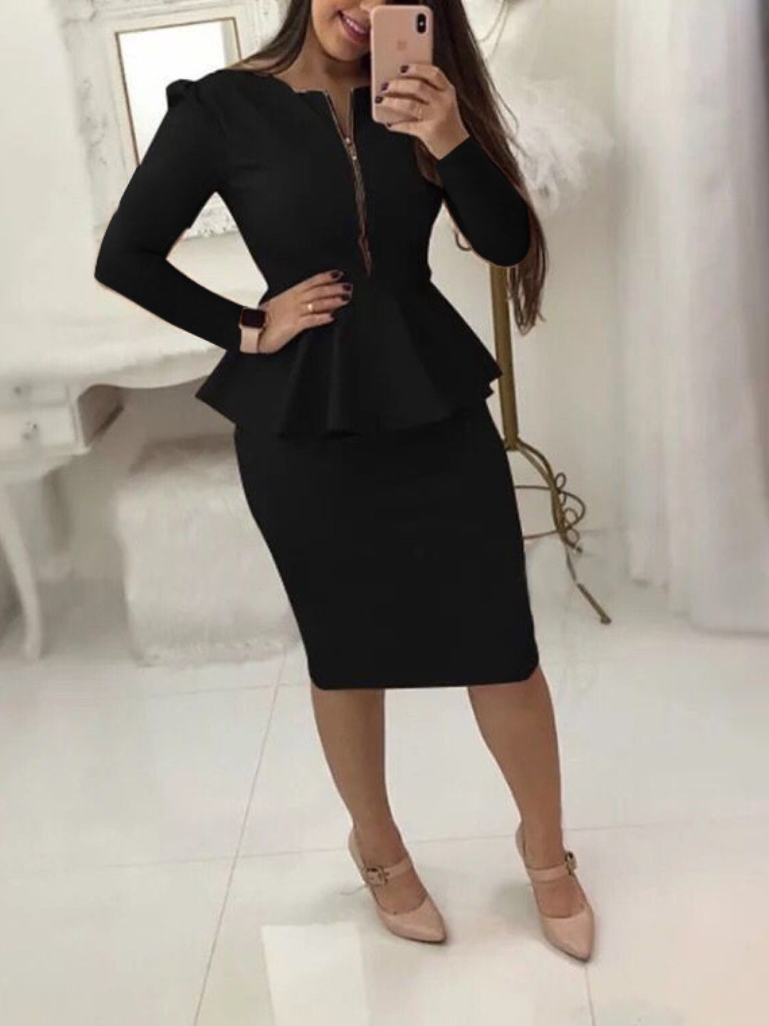 Black Round Neck Long Sleeves Polyester Top & Skirt Set