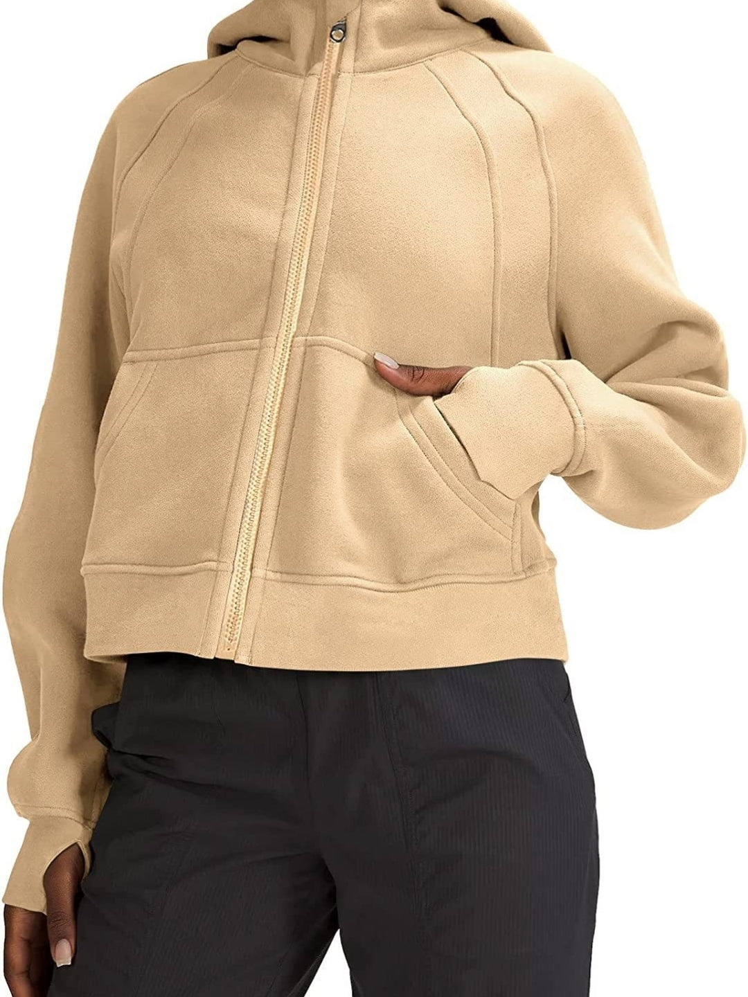 Cream Stand Collar Long Sleeves Solid Polyester Open Front Jacket