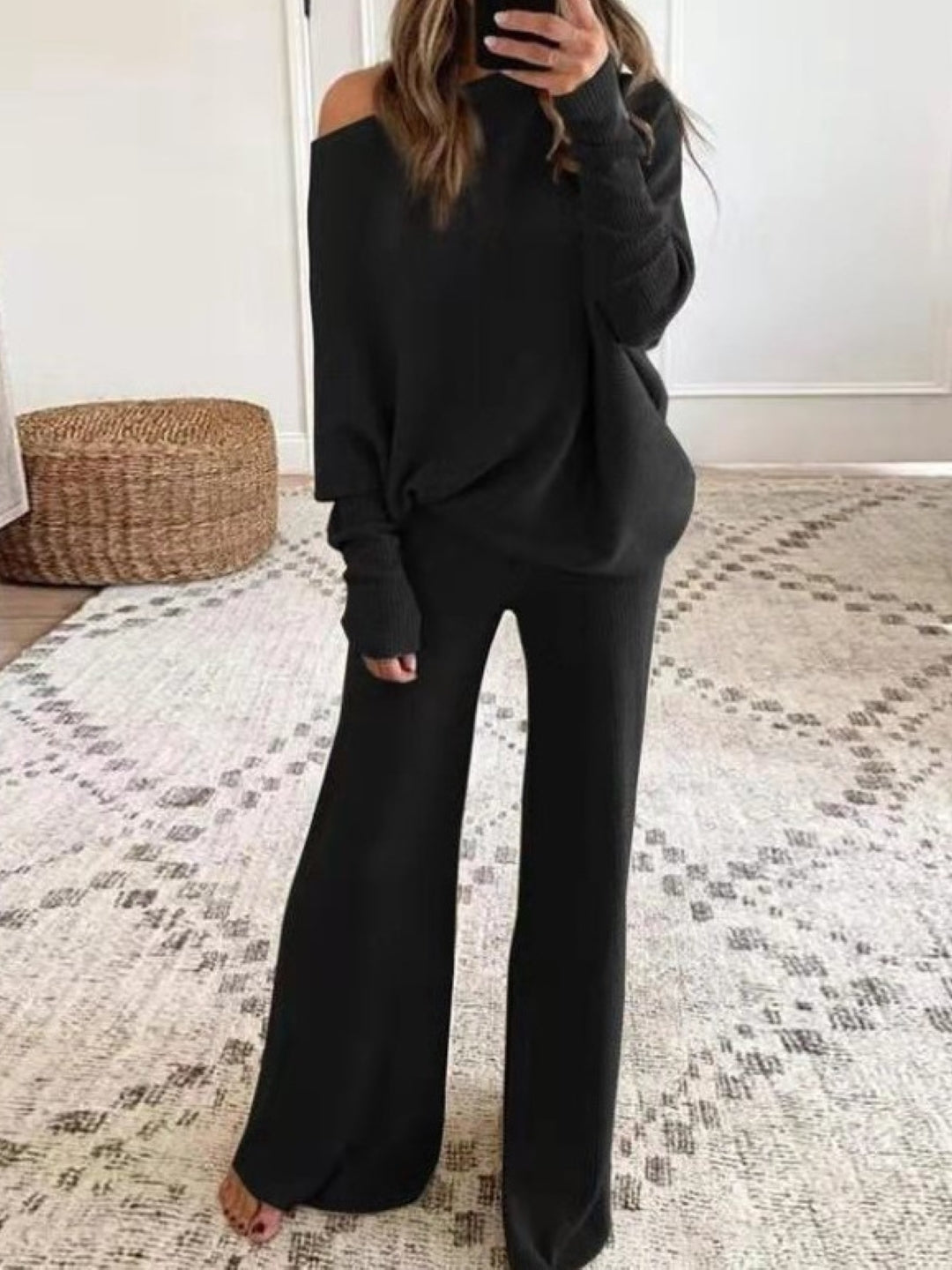 Black One Shoulder Long Sleeves Polyester Top & Trousers Set