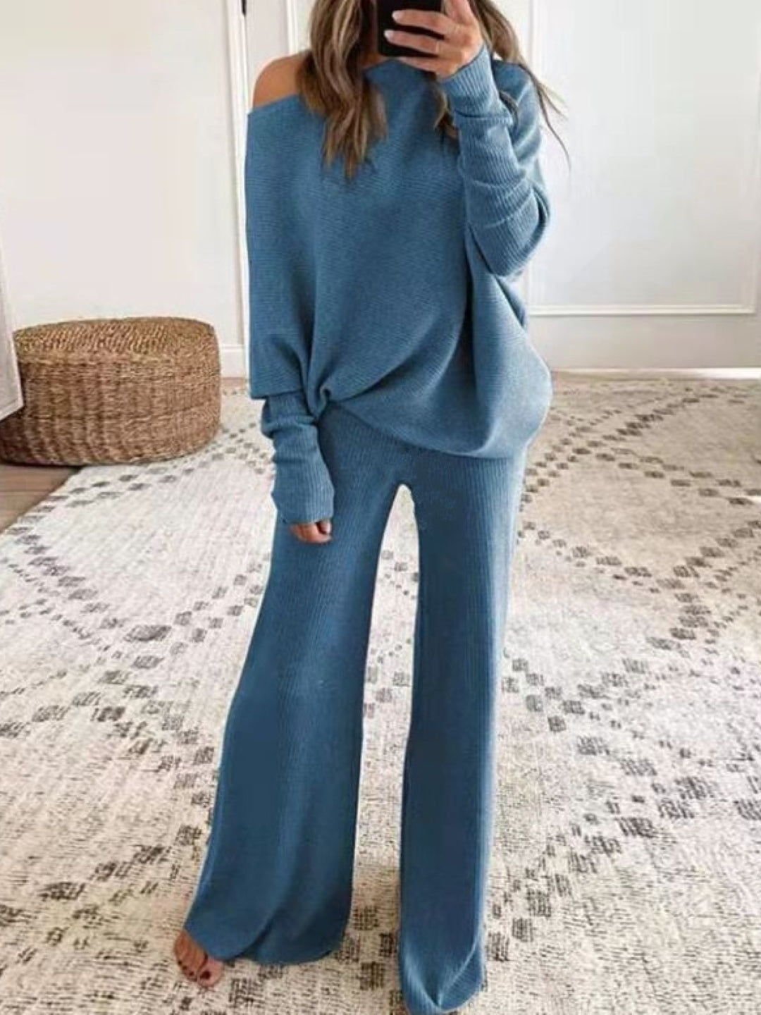 Blue One Shoulder Long Sleeves Polyester Top & Trousers Set