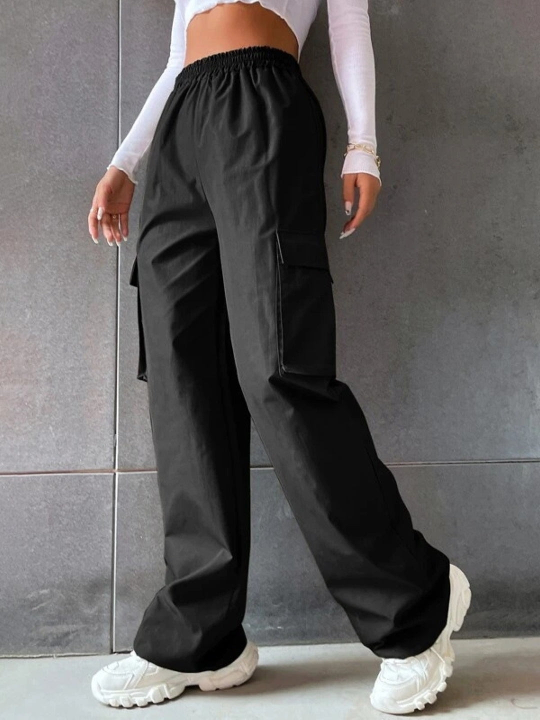 Black Solid Slip-On Mid-Rise Original Polyester Trouser