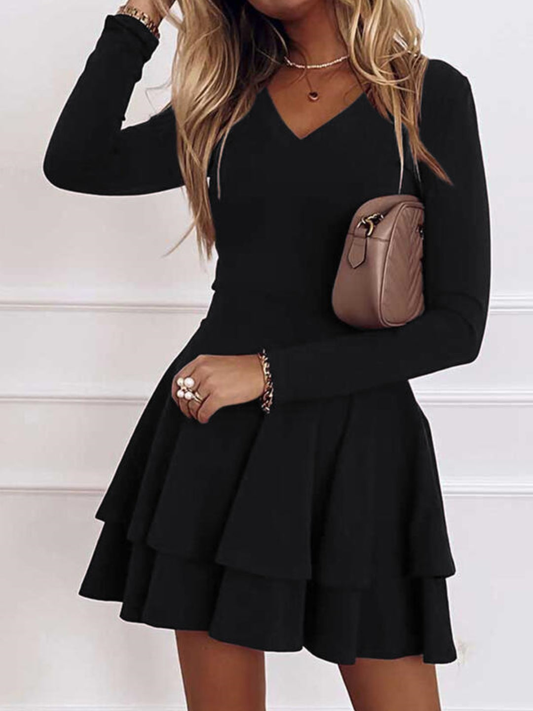 Black V-Neck A-Line Party Solid Long Sleeves Above Knee Polyester Dress