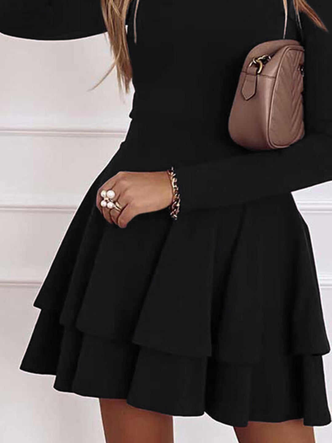 Black V-Neck A-Line Party Solid Long Sleeves Above Knee Polyester Dress