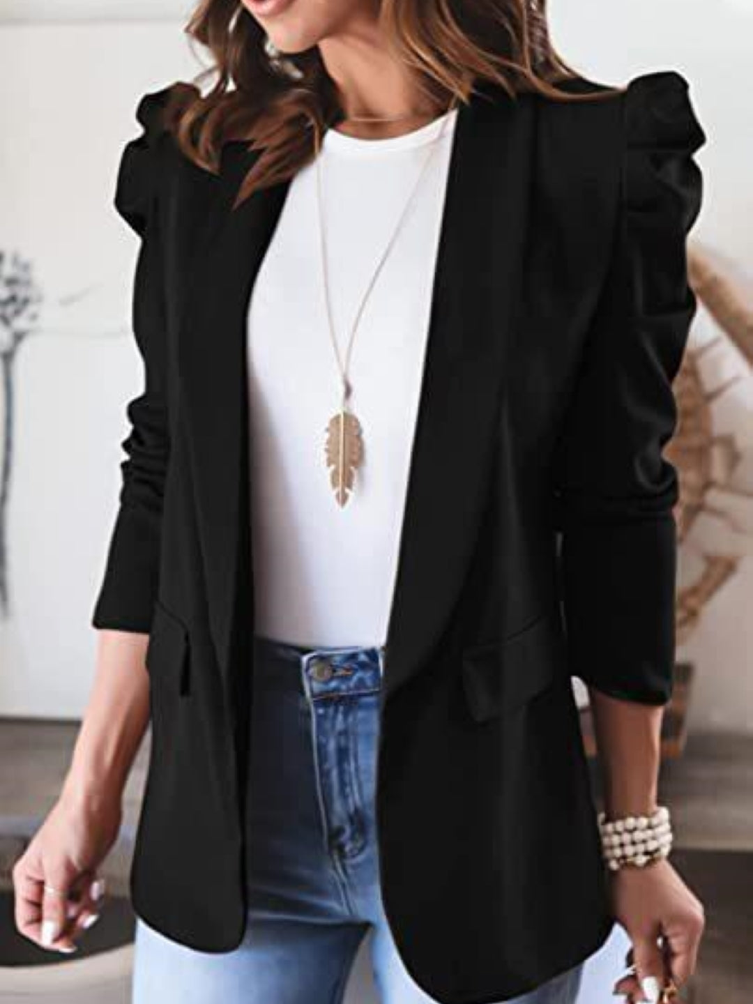 Black Lapel Collar Three-Quarter Sleeves Solid Polyester Open Front Jacket