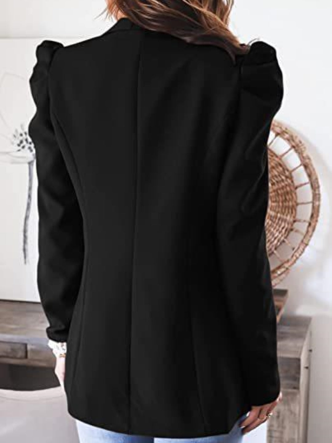 Black Lapel Collar Three-Quarter Sleeves Solid Polyester Open Front Jacket