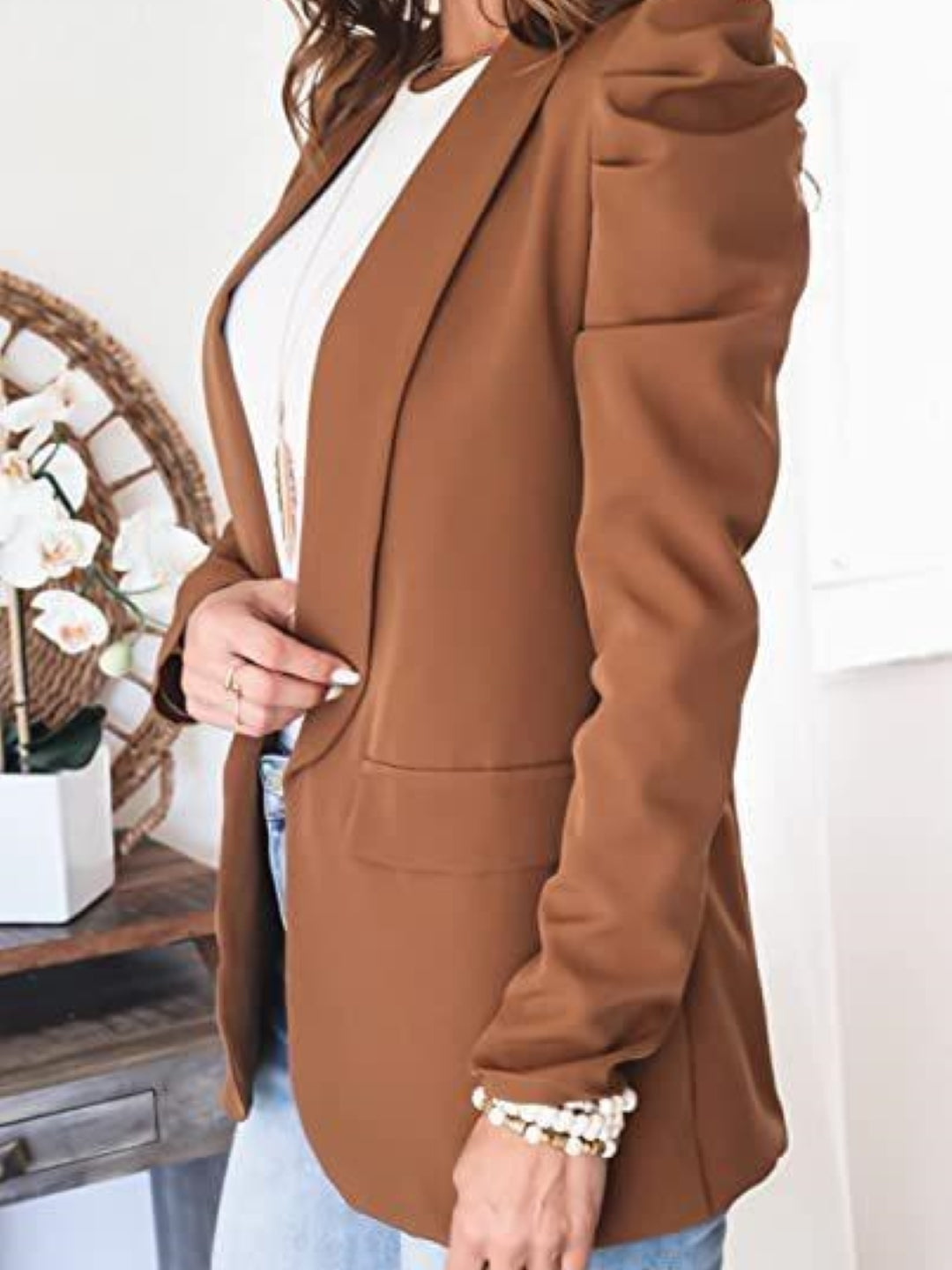 Brown Lapel Collar Three-Quarter Sleeves Solid Polyester Open Front Jacket